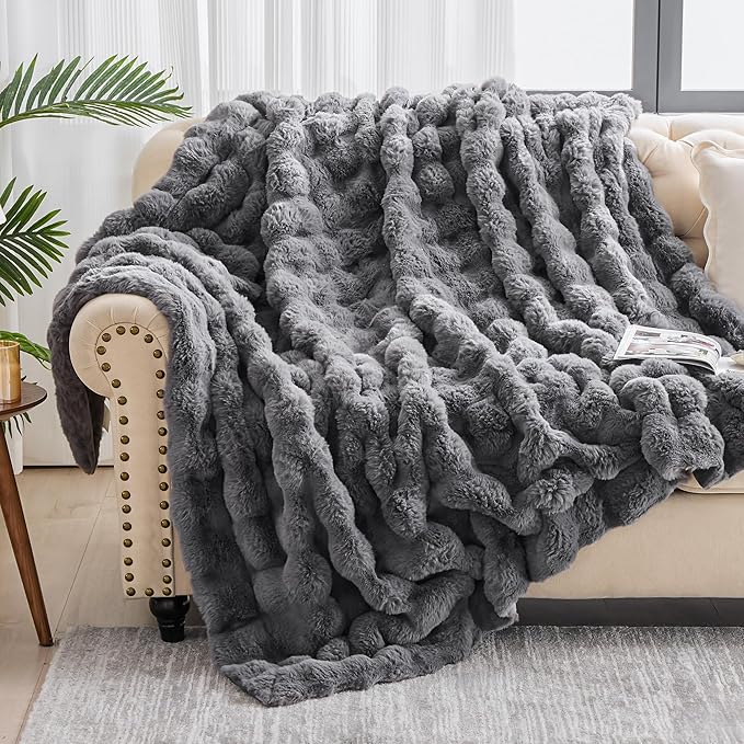 Luxury 1000GSM Faux Rabbit Fur Throw Blanket, Super Heavy Warm Cozy Blankets for Couch Bed Sofa, Bubble Plush Fuzzy Elegant Soft Reversible Mink Blanket for Living Room Bedroom, Grey