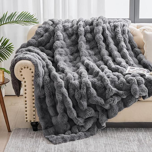 Luxury 1000GSM Faux Rabbit Fur Throw Blanket, Super Heavy Warm Cozy Blankets for Couch Bed Sofa, Bubble Plush Fuzzy Elegant Soft Reversible Mink Blanket for Living Room Bedroom, Grey