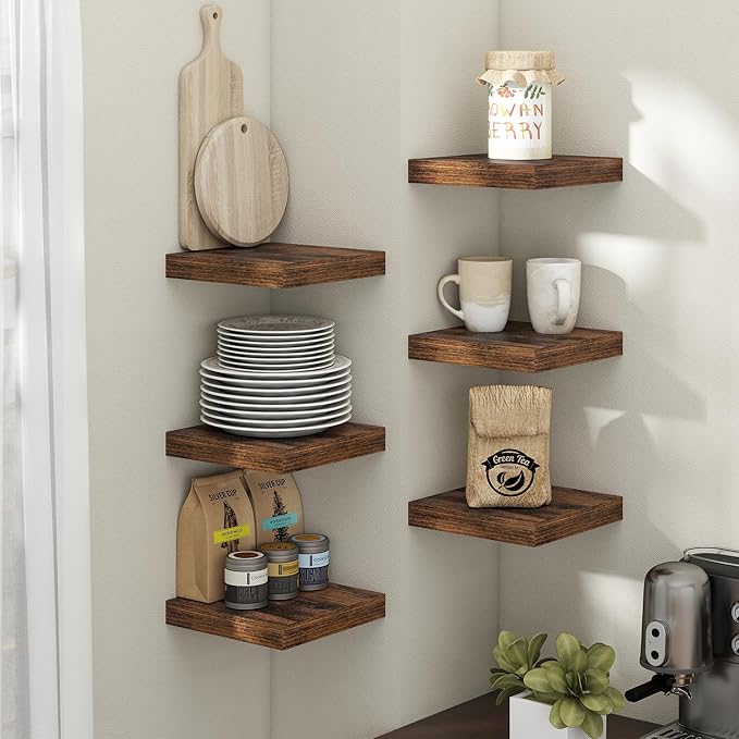 Floating Shelves for Wall with Invisible Brackets, Wall Mounted Engineered Wood Shelves with Wood Grain for Living Room, Bedroom, Bathroom, Kitchen Decor and Storage, Oak, 8"L Set of 3, Rustic Brown