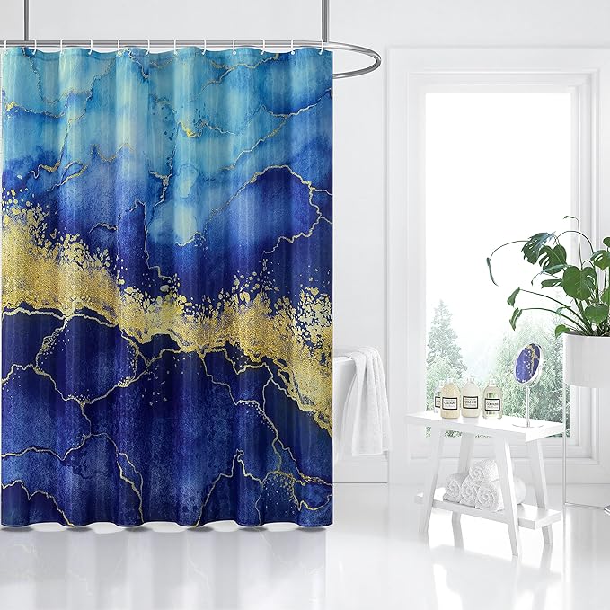 Marble Shower Curtain, Blue Marble Shower Curtain Set with 12 Hooks, Abstract Luxury Blue Marble with Gold Veins Texture Shower Curtains for Bathroom, Waterproof Fabric, 72" W X 72" L