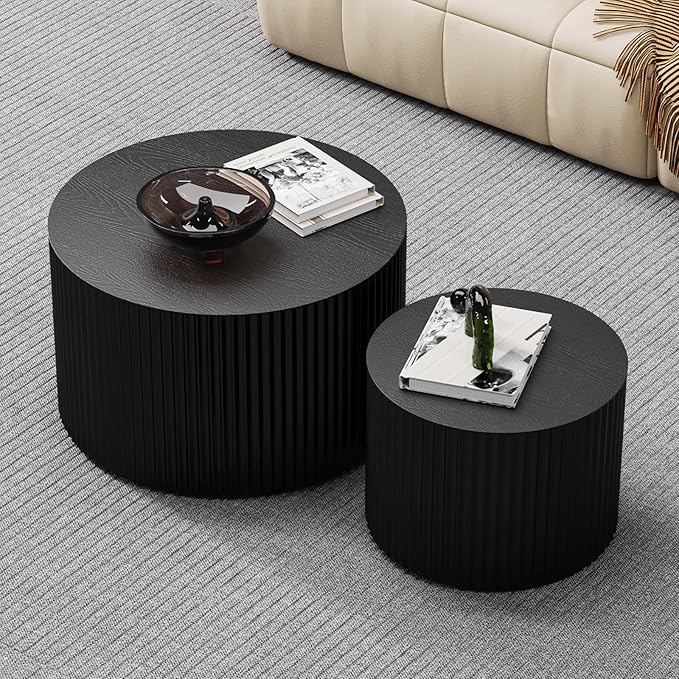 Round Coffee Table Set of 2 Modern Nesting Coffee Tables Wooden Drum Coffee Tables with Non-Slip Feet, Circle Nesting Tables End Table for Living Room Office, No Assembly (Black 18.9"+14.96")