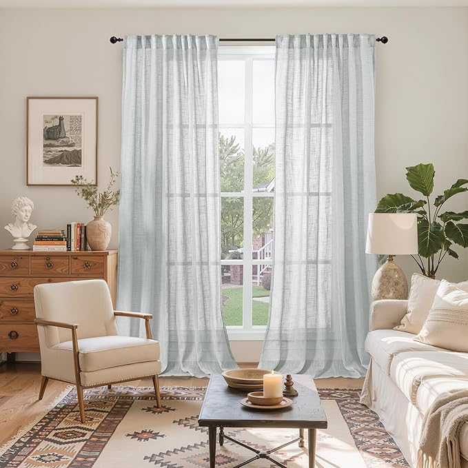 YoungsTex Light Grey Linen Semi Sheer Curtains 84 Inch Length for Living Room, Light Filtering Window Treatments Rustic Textured with Rod Pocket Back Tab for Dining Bedroom, 2 Panels, 52 X 84 Inch