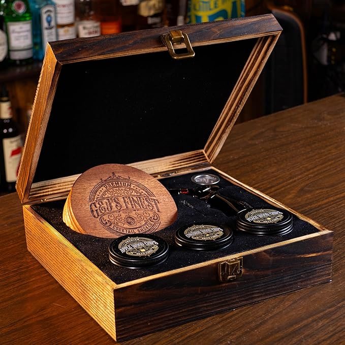 Whiskey Smoker Kit | Cocktail Smoker Kit| Bourbon Smoker Kit| Old Fashioned Smoker Kit with Quad Flame Torch, 6 Wood Chips & Wooden Box for Smoking Drinks| Whiskey Gift for Men (No Butane Incl.)