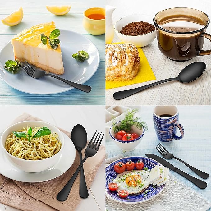 Herogo 20-Piece Matte Black Silverware Set with Drawer Organizer, Stainless Steel Flatware Cutlery Set for 4, Modern Tableware Eating Utensils with Tray, Dishwasher Safe, Satin Finish