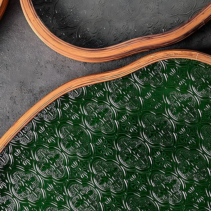 IwaiLoft Glass Serving Tray with The Crabapple Pattern Glass and Walnut for Kitchen Countertop Home Decor for Coffee Table, Also Suitable for Tea Coffee Decorative Trays (Green,11.4" x 7.8" x 1")