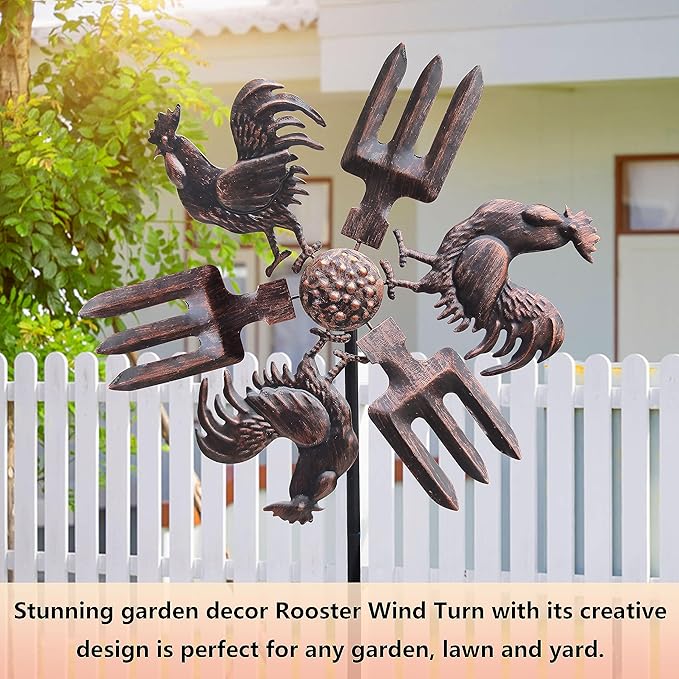 39" Rooster Wind Spinner Garden Stake-Farm Outdoor Metal Stake Yard Spinners-Wind Sculpture Yard Art Decorations for Patio,Lawn & Garden