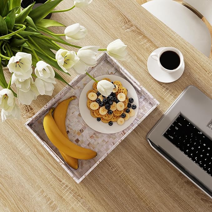 PEMAR Rectangular Mother of Pearl Serving Tray Nacre Wood Lap Ottoman Tray for Coffee Table, Luxury Decorative Handmade Eating Platters w Insert Handles (White Cream)