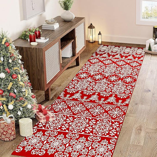 2x6 Runner Rug Red Christmas Hallway Carpet Xmas Holiday Decor Bedroom Carpet Snowflake Washable Non Slip Kitchen Mat Indoor Accent Rug Decorative Dining Room Laundry Room Living Room