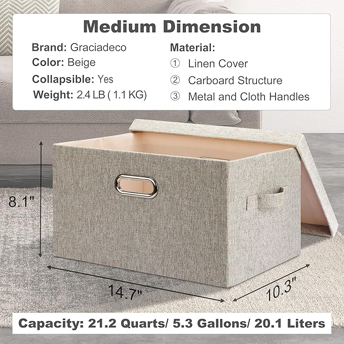Medium 15" 21 Quart Collapsible Stackable Storage Bins with Lids, 5 Packs Beige Foldable Fabric Closet Boxes Heavy-duty Linen Cube Baskets Container for Bedroom Office (15 x 11 x 8)