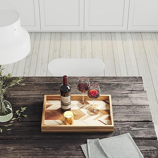 Lipper International 1265 Acacia Herringbone Serving Tray with Handle Cutouts for Meals or Organizing, 19 3/4" x 13 3/4" x 2 1/4"