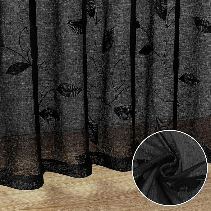 HOMEIDEAS Black Sheer Curtains 52 X 63 Inches Length 2 Panels Black Embroidered Leaf Pattern Gothic Faux Linen Floral Semi Sheer Voile Window Curtains/Drapes for Bedroom Living Room