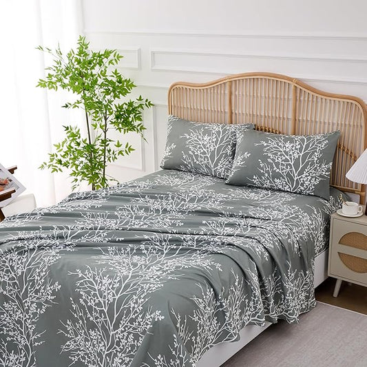 Spirit Linen home Queen Size Bed Sheets - Pure Microfiber 4 Piece Polyester Bed Sheets with Deep Pockets, 90 Thread Count, Fitted Sheet & Pillow Cases, Grey/White
