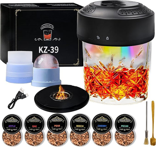 Rechargeable Cocktail Smoker Kit with Wood Chips, Electric Whiskey Smoker with Built-in Lighter, Old Fashioned Drink Smoker (Electric + Lighting Feature)