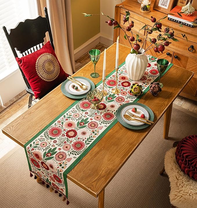 13×72 Inch Table Runner, Retro-Luxury Tassels Series for Kitchen Dining Table Holiday Decoration (Spring Blossom)