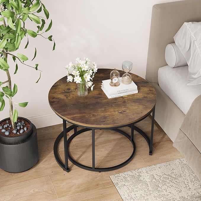 Smuxee Rustic Nesting Coffee Table Set of 2, 27.6" Round Coffee Table Wooden Marble Pattern with Adjustable Non-Slip Feet, Industrial End Table for Living Room Bedroom Balcony