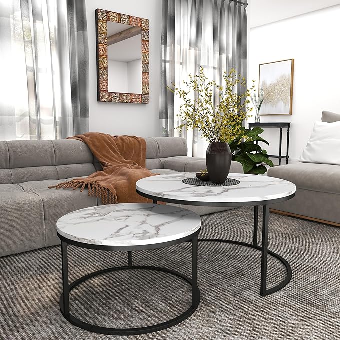 Nesting Coffee Table Set of 2, 31.5" Round Coffee Table Wooden Marble Pattern Accent Furniture, Industrial End Table for Living Room Bedroom Balcony (White/Black)