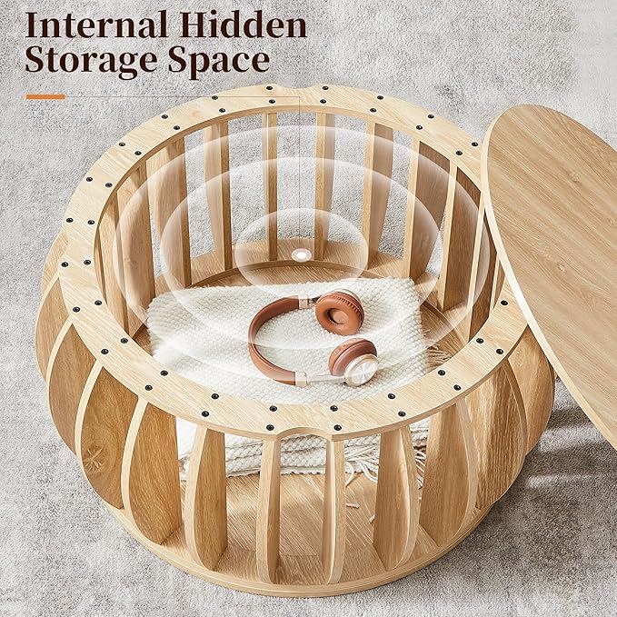 Drum Coffee Table with Storage,31.5” Wood Round Coffee Table,Farmhouse Pumpkin-Shaped Center Table for Living Room Home Office Natural