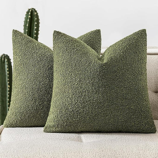 Woaboy Pack of 2 20x20 Inch Decorative Boucle Throw Pillow Covers Textured Square Pillowcaes Accent Solid Cozy Soft Cushion Covers Home Decor for Sofa Couch Living Room Home Decor,Olive Green