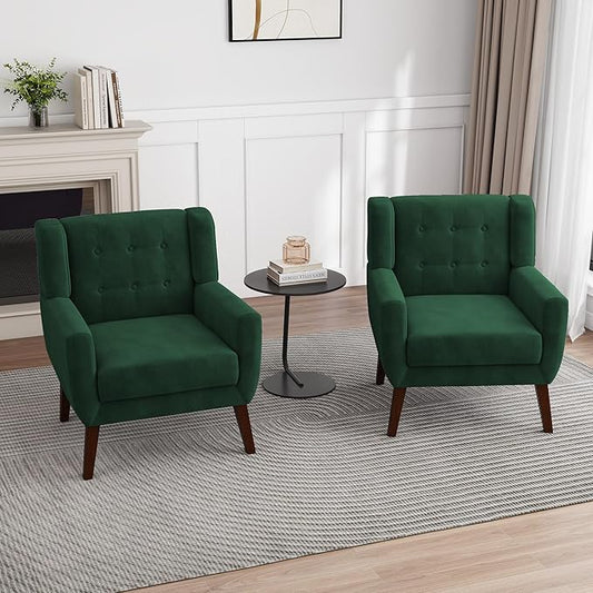 UIXE Velvet Accent Chairs Set of 2, Modern Arm Chair Upholstered Living Room Armchair, Comfy Button Tufted Reading Seat Bedroom Side Sitting, Retro Green