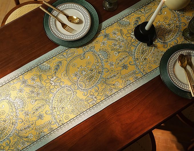 13×72 Inch Table Runner, Retro-Luxury Tassels Series for Kitchen Dining Table Holiday Decoration (Yellow Pheonix)