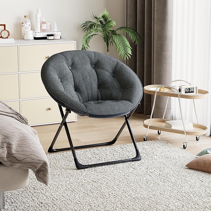 Saucer Chair with Faux Fur Cover, Large Foldable Moon Chair for Adults & Teens, Cozy Circle Accent Chair for Bedroom, Living Room, Dorm, Playroom, Soft Folding Gaming Chair for Small Spaces, Gray