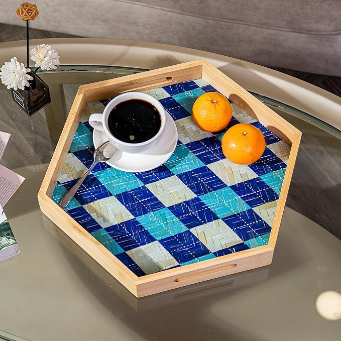 PEMAR 15.7" Hexagonal Bamboo Tray for Serving Coffee, Breakfast, Bread, Food, Art Decor. Decorative Pattern Tray for Coffee Table, Kitchen Counter, Vanity, Bedroom, Ottoman, Home Decor (Argyle)