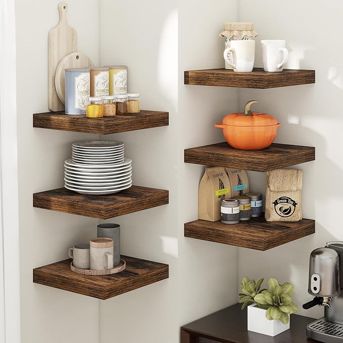 Floating Shelves for Wall with Invisible Brackets, Wall Mounted Engineered Wood Shelves with Wood Grain for Living Room, Bathroom, Kitchen Decor and Storage, Oak, 12"L Set of 3, Rustic Brown