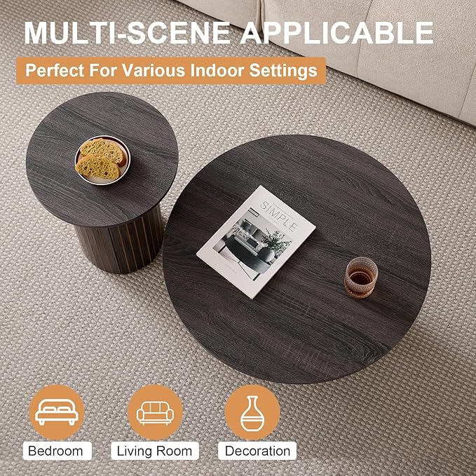 Round Nesting Coffee Tables Set of 2 -φ27.6 Large Short + φ15.8 Small Tall Boho Circle Side Tables with Fluted Drum Design, Black