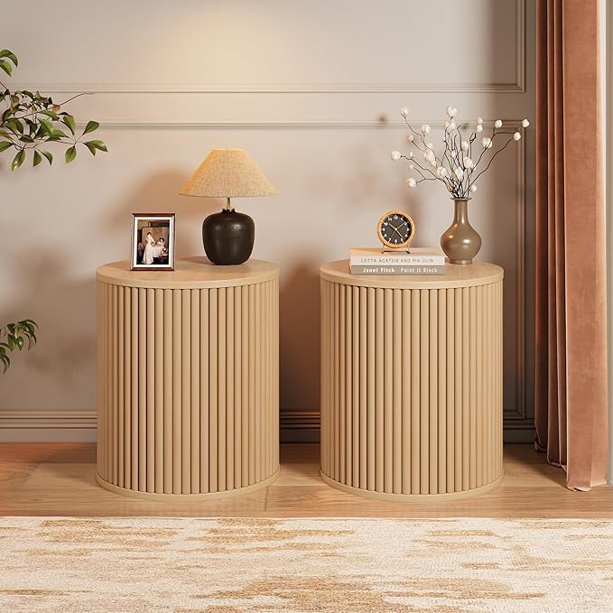 AVZEAR Fluted Round Side Table with Storage, Small End Table Modern Boho Nightstands, Circle Bedside Tables Bohemian Accent Table Wood Night Stand for Small Spaces, Living Room, Bedroom (Nature)