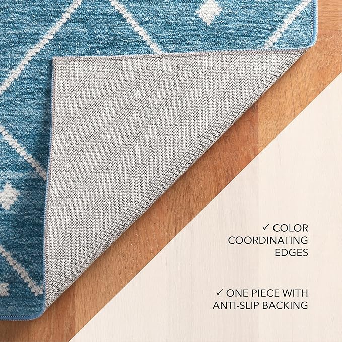 Dash and Albert Kota Machine Washable Area Rug - 5' x 8' Indigo - Diamond Accent Rug - Anti-Slip Backing, Lightweight, Machine Washable, High Traffic Areas Kitchen, Mudroom, Laundry Room