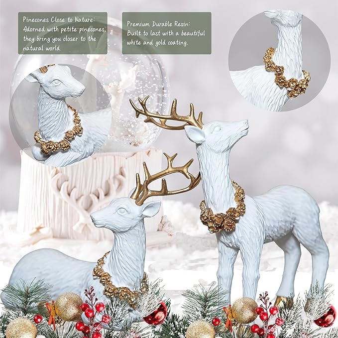 2pcs Pine Nut Reindeer Christmas Decorations, Deer Figurines Home Decor, Elk Figurine, Holiday Home Décor Accents for Xmas Office Living Room & Bedroom Decorations (Pine Nut Medium, White)