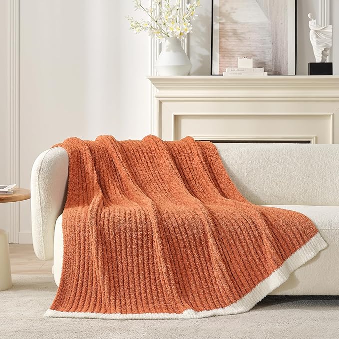 Snuggle Sac Fluffy Fall Bedding Blanket Twin Size, Soft Luxurious Knit Throws, Fuzzy Microfiber Blankets for Couch, Sofa, Bed, Burnt Orange, 60x80 inches