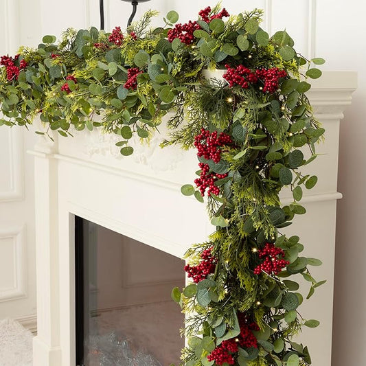 6.3FT Christmas Garland with LED String Lights, Anna's Whimsy 144 Branch Tips Seasonal Artificial Pine Winter Cypress Greenery Garland, Christmas Decorations Holiday Indoor Outdoor Christmas Decor