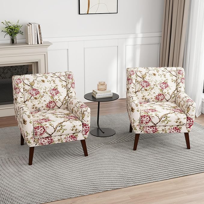 UIXE Floral Accent Chair, Modern Upholstered Armchair in Fabric for Living Room, Comfy Club Arm Chairs Single Sofa Button Tufted Bedroom Reading Seat - Pattern Floral, Set of 1