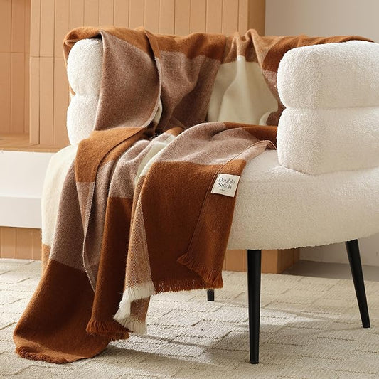 Double Stitch Alpaca Wool Throw Blanket - Warm, Soft Blanket for Couch, Luxury & Decorative Fleece Throw, Fall Plaid, Gift for Mother's Day, House Warming, 50" x 60", Harvest Brown & Cream