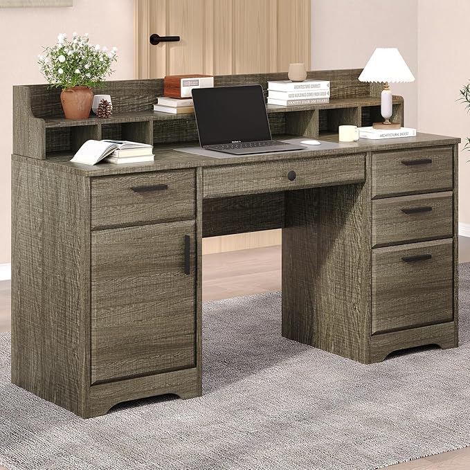 58 Inch Executive Desk with 5 Drawers, Wood Office Desk with File Cabinet, Wood Computer Desk with Hutch, Home Office Desk with File Drawers for Bedroom, Wash Grey