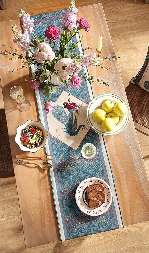 Vintage Blue Peacock Table Runner for Table,Decorative Linen 87 Inches Long Table Runners,Cheesecloth Decor Tabletop for Kitchen,Dining,Tea Party,Home,Christmas,12"*87"