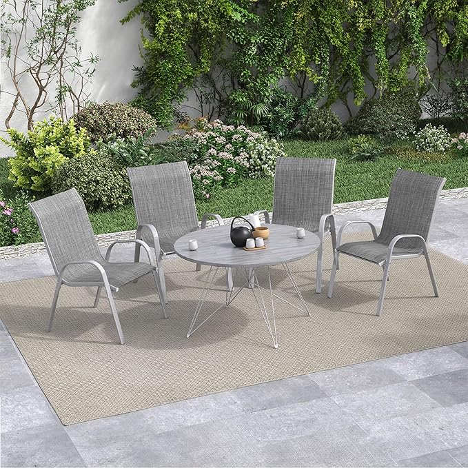 Amopatio Patio Chairs Set of 4, Outdoor Stackable Dining Chairs for All Weather, Comfortable Breathable Garden Outdoor Furniture for Backyard Deck, Grey & White