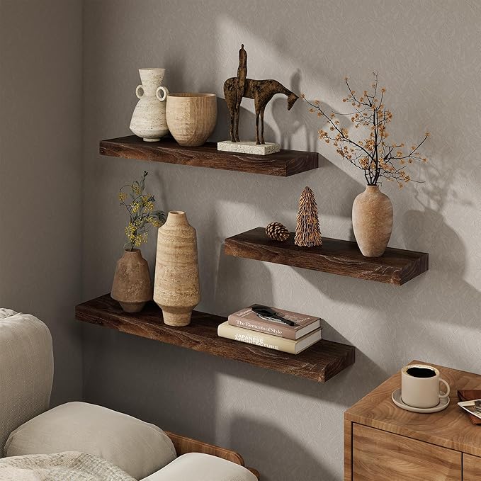 Marsmiles 24 inch Floating Shelves for Wall Solid Elm Wood Shelves|Rustic Wall Shelves with Invisible Heavy-Duty Bracket for Bathroom Living Room Kitchen|Walnut, 2 Pack