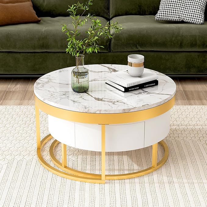 Modern Round Nesting Coffee Table with Drawers for Living Room in White