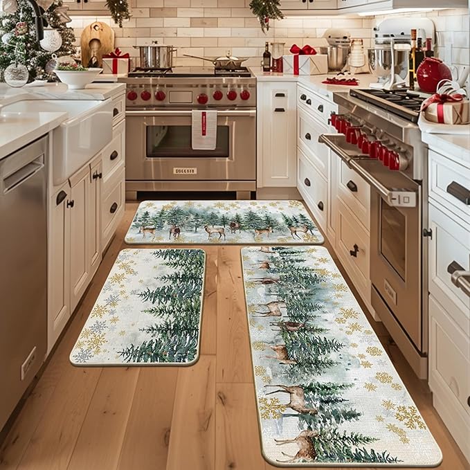 Artoid Mode Xmas Trees Deer Snowflakes Christmas Kitchen Mats Set of 2, Winter Home Decor Low-Profile Kitchen Rugs for Floor - 24"x36"+24"x59"+24"x72"