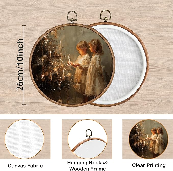 KSDUT Vintage Christmas Wall Decor Art - Retro Girls Christmas Wall Art Canvas Frame Hanging Prints, Merry Xmas Holiday Round Wall Art Decor for Home Farmhouse Decorations 10"x10"
