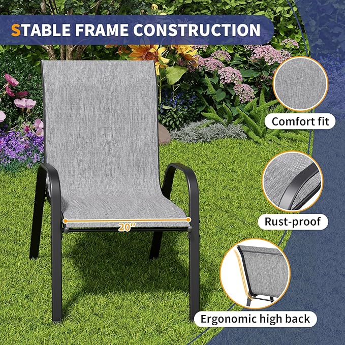 Amopatio 3 Piece Patio Set, Outdoor Stackable Dinging Chairs for All Weather, Breathable Garden Outdoor Furniture for Backyard Deck, Light Grey