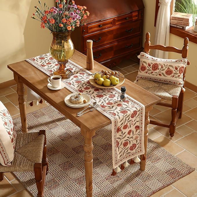 ISAENNE Designer Elegant Linen Table Runner 71 Inches Long,Vintage Orange Floral Pattern Table Runners for Dining Tables,Kitchen Decor,Thanksgiving,Christmas,Banquet,12"*71"-Alvarado A