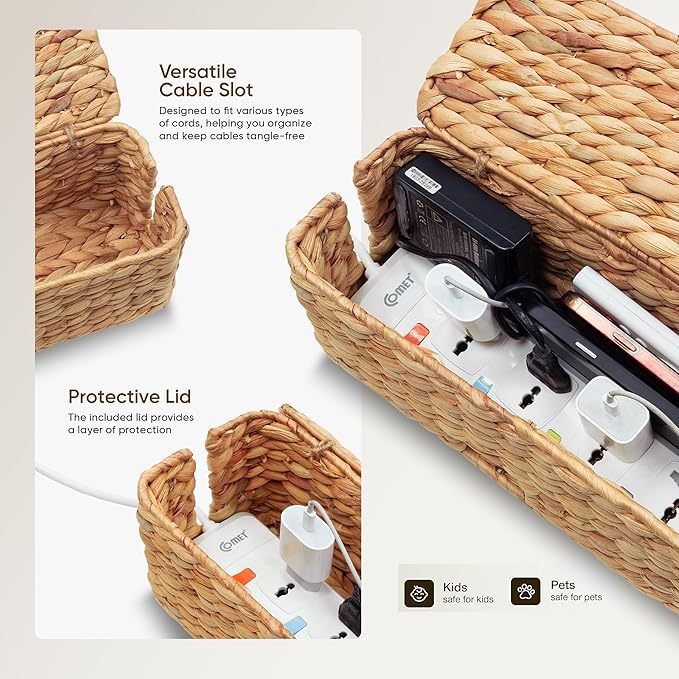 Cable Management Box, Water Hyacinth Organizer Box, Durable Rattan Cable Organizer, with 2 Open Slots for Home Office Desk Computer TV Wires USB Hub Power Strip, Handmade Rattan Cord Organizer Box