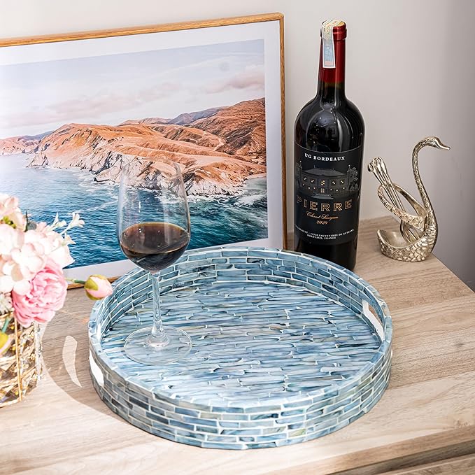 PEMAR 12.6” Mother of Pearls Lacquer Inlaid Round Serving Tray with Handles, Round Decorative Nacred Wooden Ottoman Coffee Table Tray (Blue Tiles)