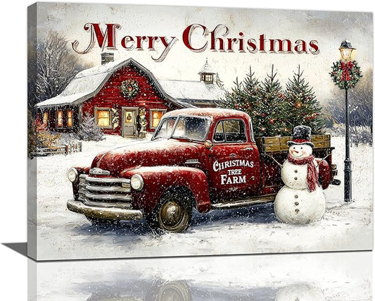 Christmas Pick-Up Truck Wall Art Christmas Tree Canvas Wall Decor Farm Barn Pictures Paintings Prints Snowman Artwork Framed Winter Holidays Decorations For Bathroom Bedroom Living Room Office Gifts 16" x 12"