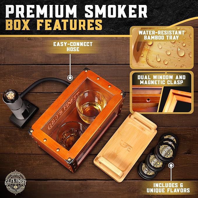 Old Fashioned Whiskey Smoker Box Kit with Dual View, Magnetic Clasp, Glass Smoker Top & Bamboo Tray for Bourbon Whiskey Cocktail Drinks & Smoke Infusion (Smoker Box, No Butane or Torch Incl.)