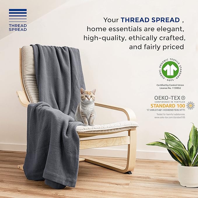 THREAD SPREAD Organic GOTS Cotton Blanket, Full/Queen - 350 GSM, Antistatic, Fuzzy Soft, Lightweight, Sofa, Camping & Travel, Perfect Herringbone All Seasons Throw, Dark Grey with Free Tote Bag