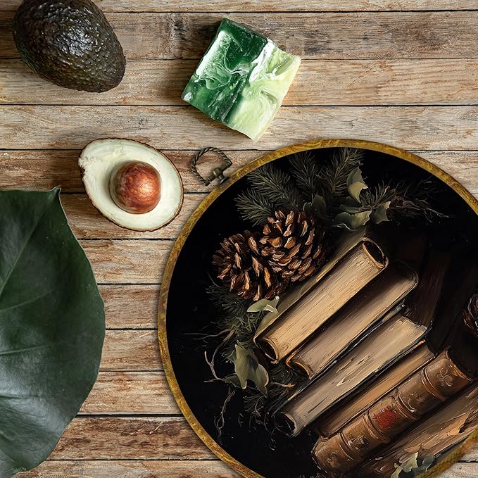 QZQE Rustic Christmas Round Wall Art Decor Framed, Vintage Christmas Pinecones Book Canvas Prints, Dark Academia Bookish Cottagecore Wall Hanging Decor for Library Reading Room Home, 10x10 Inch